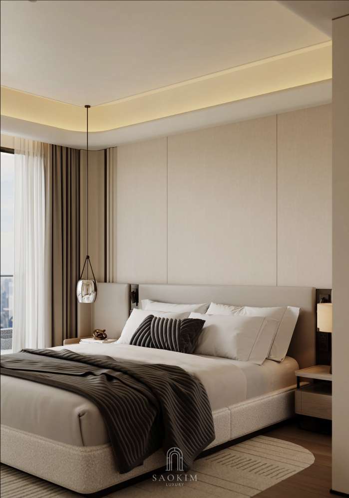 Thiết kế phòng ngủ Master tại chung cư The Nelson phong cách Contemporary kết hợp Quiet Luxury màu be